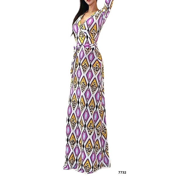 Dresses & Skirts - Purple Gold Diamond Faux Wrap V Neck Maxi Dress